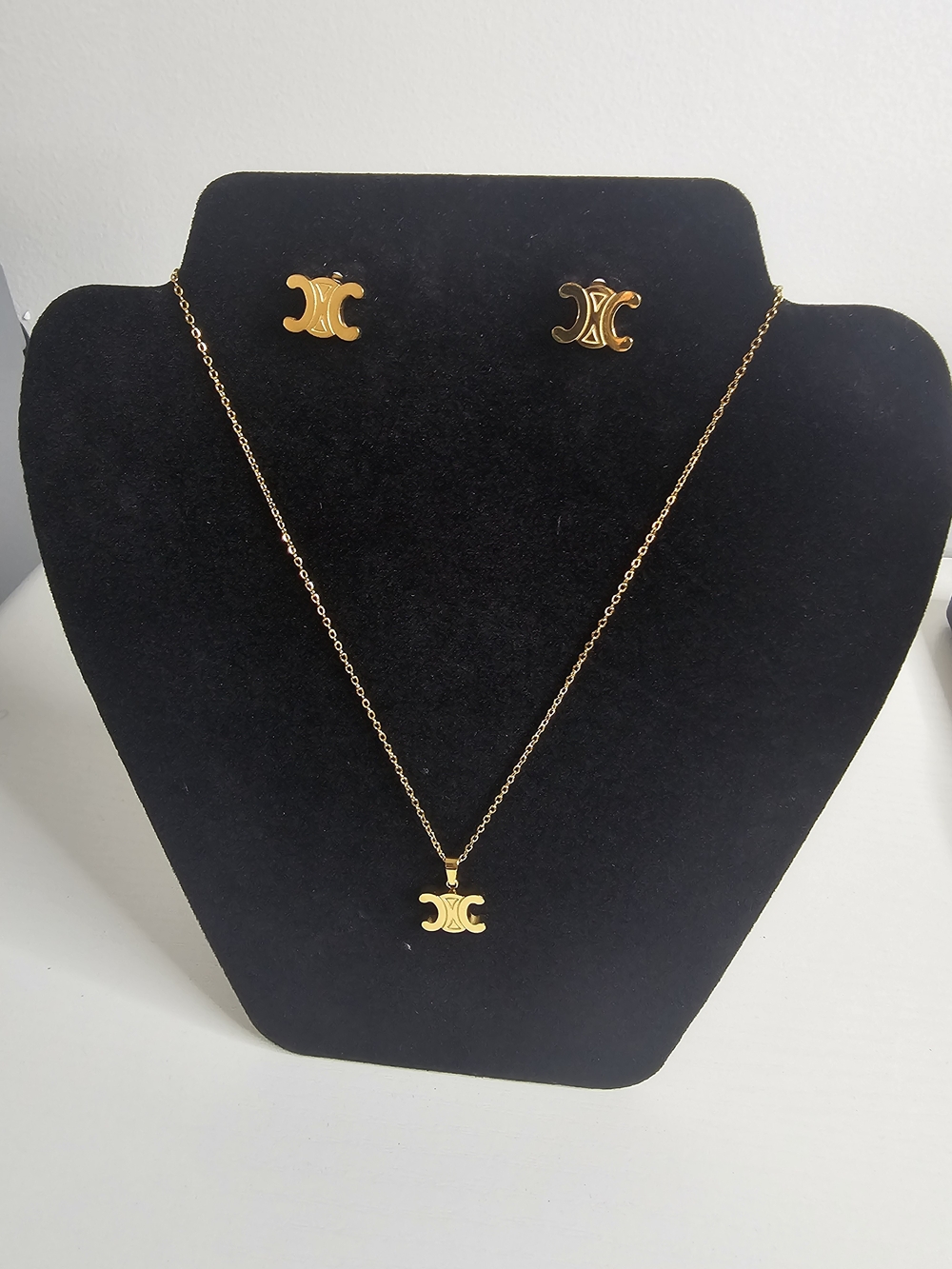 Stainless Steel Gold Double-C Resemble Pendant Necklace and Stud Earring Set